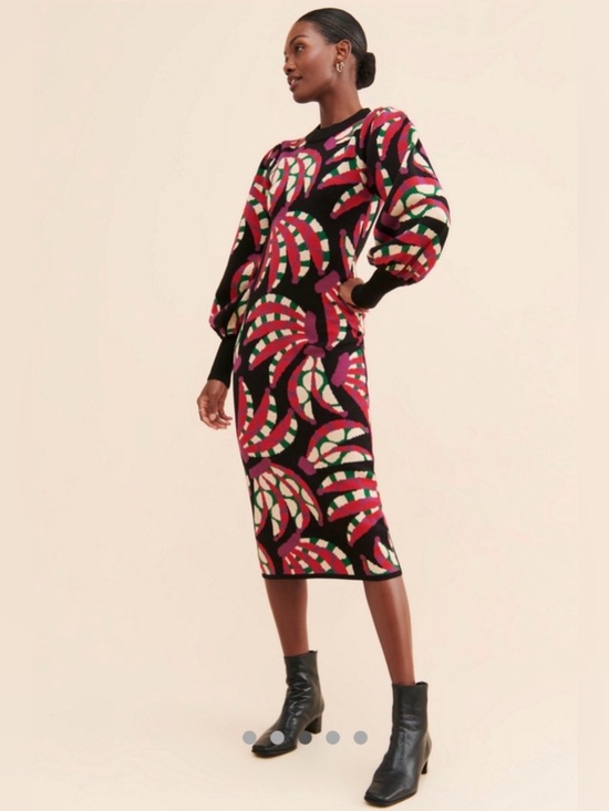 FARM Rio Dresses & Skirts - FARM Rio Black Knit Midi Sweater Dress with Pink, Green & Cream Swirls